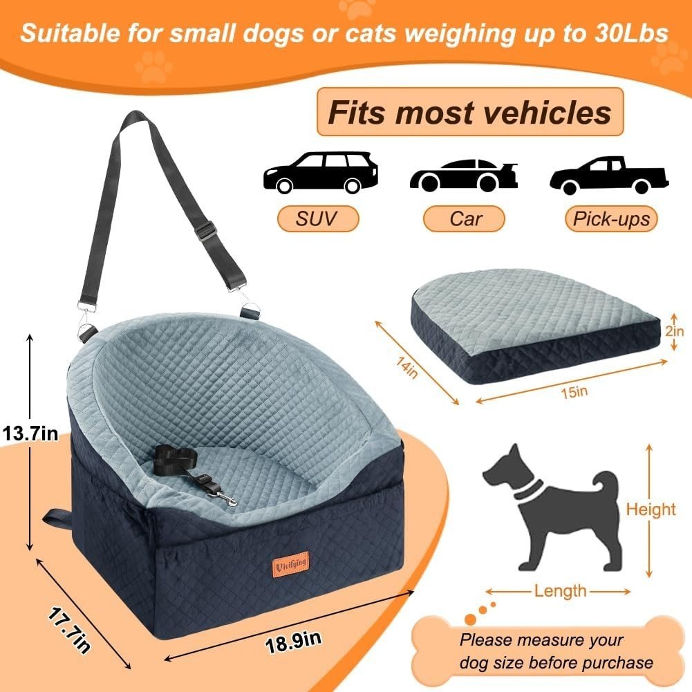 Dog Car Seat Booster Bed Travel Carrier Safety Leash Washable 30lbs - Kwikley