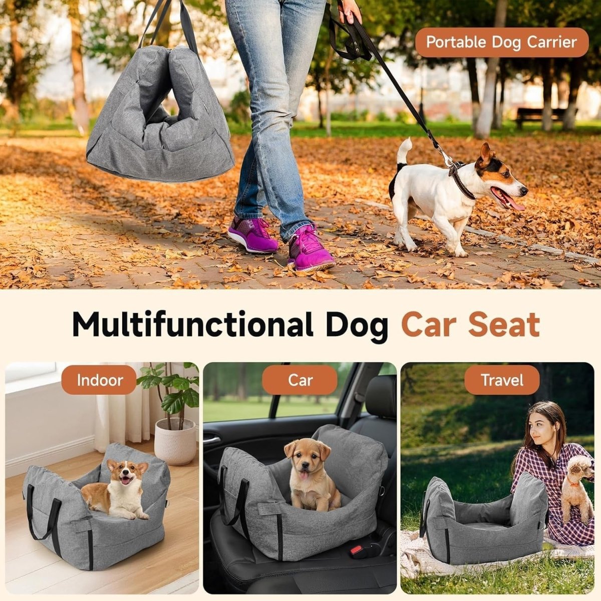 Dog Car Seat Booster Bed Washable Travel Carrier Safety Leash 60cm - Kwikley