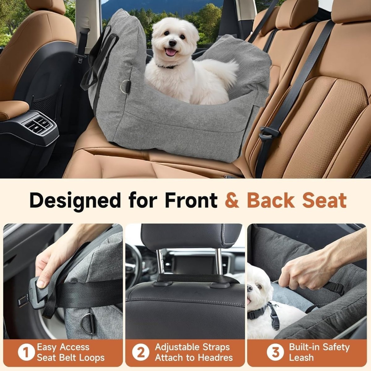 Dog Car Seat Booster Bed Washable Travel Carrier Safety Leash 60cm - Kwikley