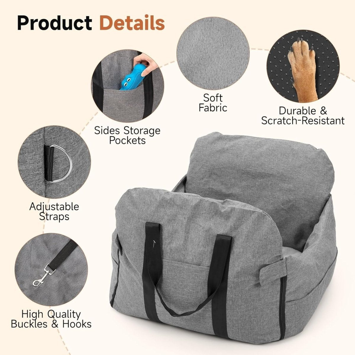 Dog Car Seat Booster Bed Washable Travel Carrier Safety Leash 60cm - Kwikley