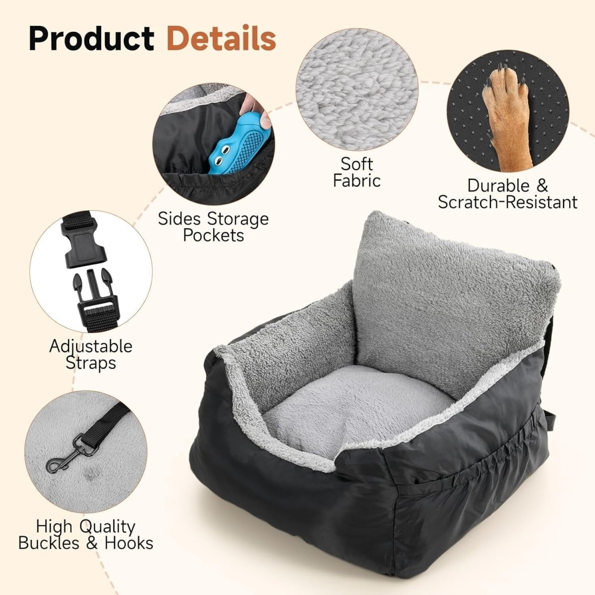 Dog Car Seat Booster Bed Waterproof Travel Carrier Washable Black - Kwikley