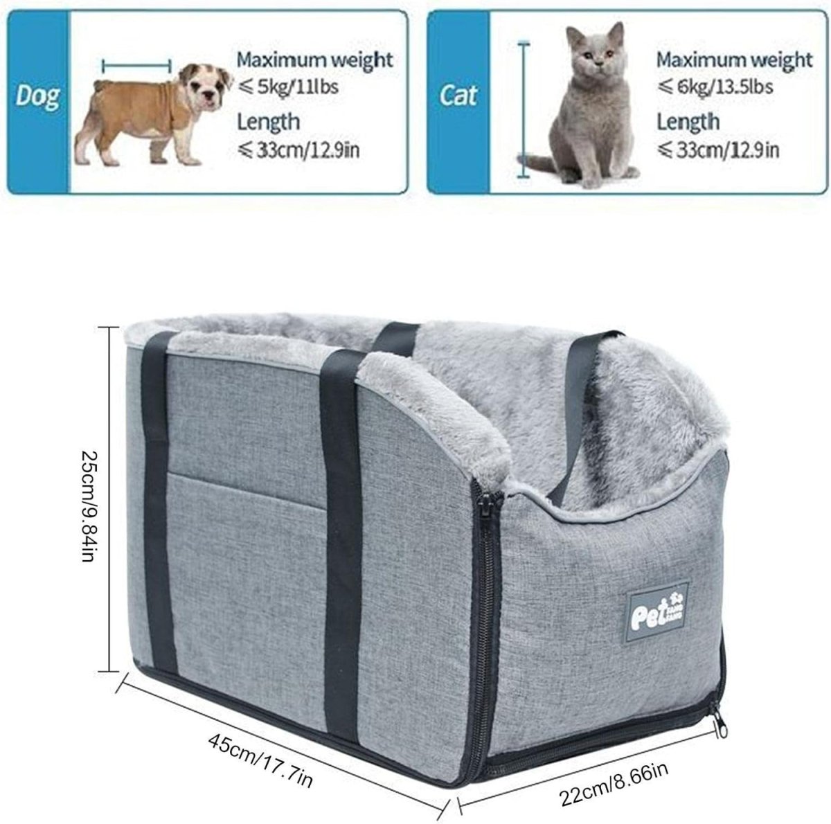 Dog Car Seat Booster Center Console Carrier Bed Washable Travel Bag Grey - Kwikley