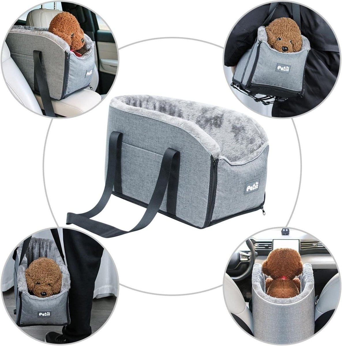 Dog Car Seat Booster Center Console Carrier Bed Washable Travel Bag Grey - Kwikley