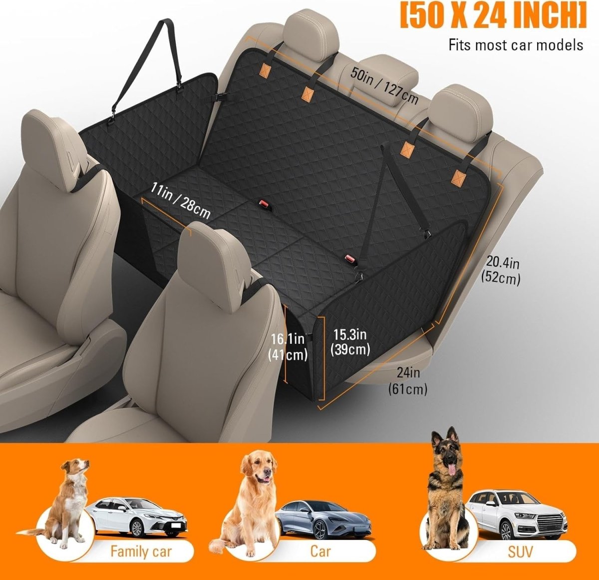 Dog Car Seat Extender Hard Bottom Waterproof Hammock 300lb Load - Kwikley