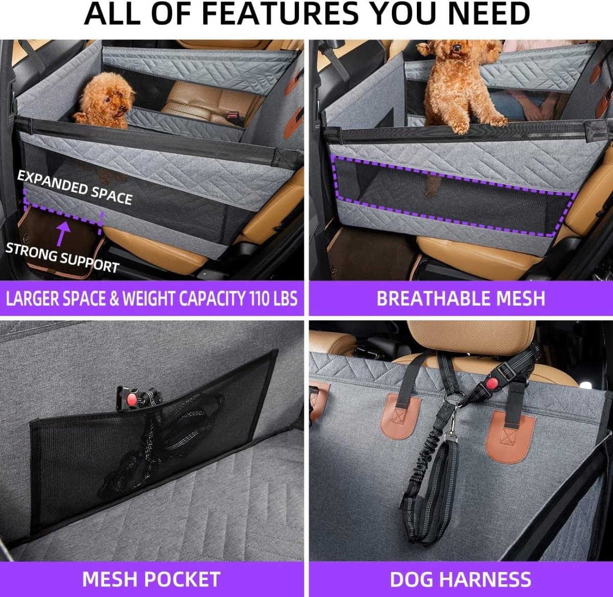 Dog Car Seat Rear Seat Cover Extendable Platform Pet Bed 15kg Grey - Kwikley