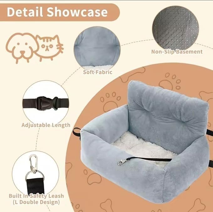 Dog Car Seat Small Dogs Cats Plush Booster Bed Safety Leash Travel - Kwikley