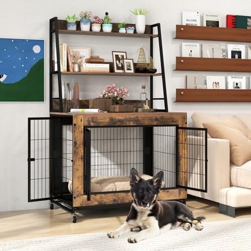 Dog Crate Furniture with Shelves, Flip Top, 3 Doors & Tray for Small Dogs - Kwikley