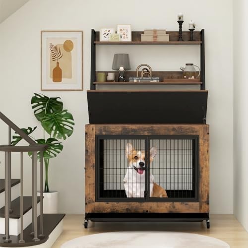 Dog Crate Furniture with Shelves, Flip Top, 3 Doors & Tray for Small Dogs - Kwikley