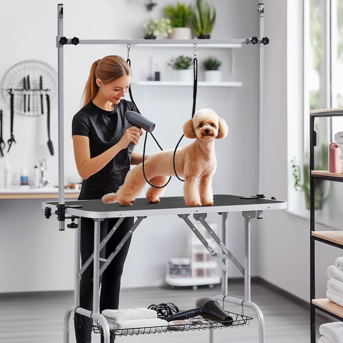 Dog Grooming Table Adjustable Height Non Slip Foldable w Arm Noose Basket - Kwikley