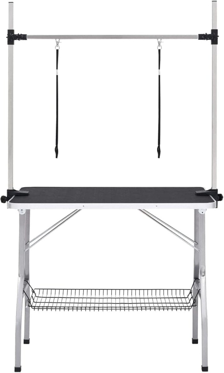 Dog Grooming Table Adjustable Non Slip Top with H Bar Rings Storage Basket - Kwikley