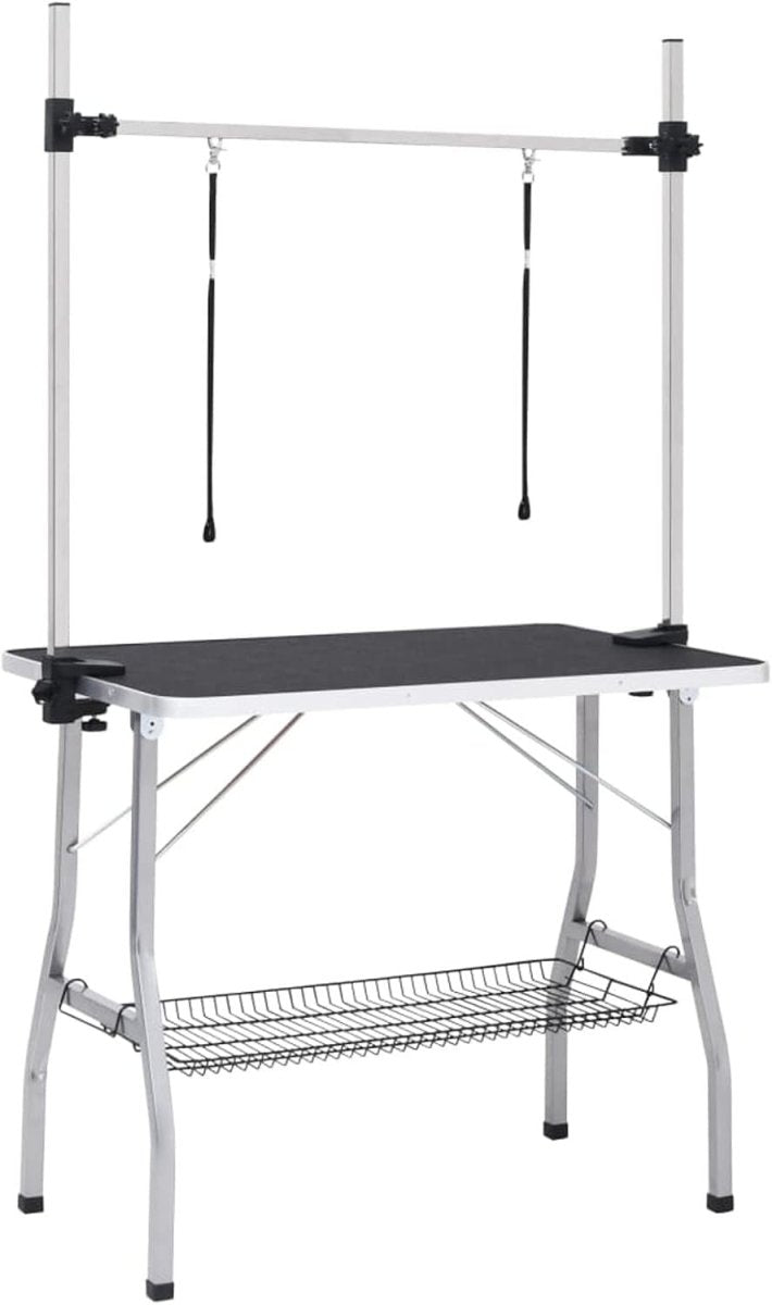 Dog Grooming Table Adjustable Non Slip Top with H Bar Rings Storage Basket - Kwikley