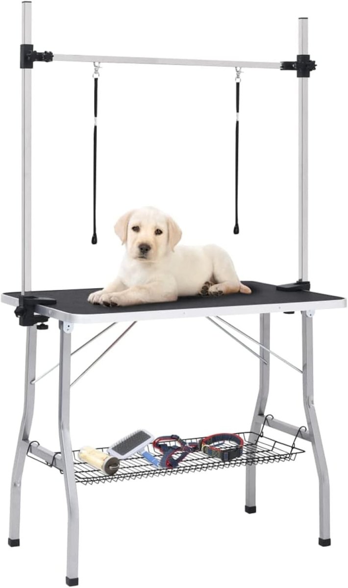 Dog Grooming Table Adjustable Non Slip Top with H Bar Rings Storage Basket - Kwikley