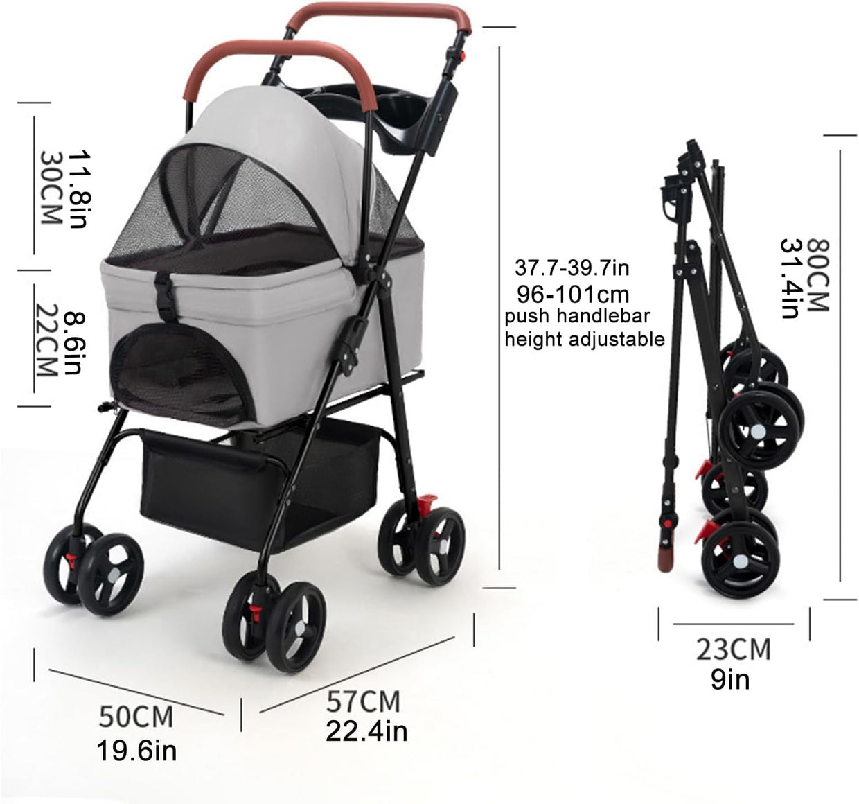 Dog Pet Stroller 4 Wheel Foldable Travel Pushchair for Small Medium Pets - Kwikley