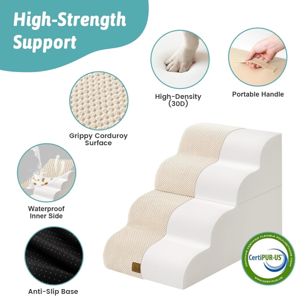 Dog Stairs 4 Step 19.7in High Density Foam Pet Ramp for Bed Sofa - Kwikley