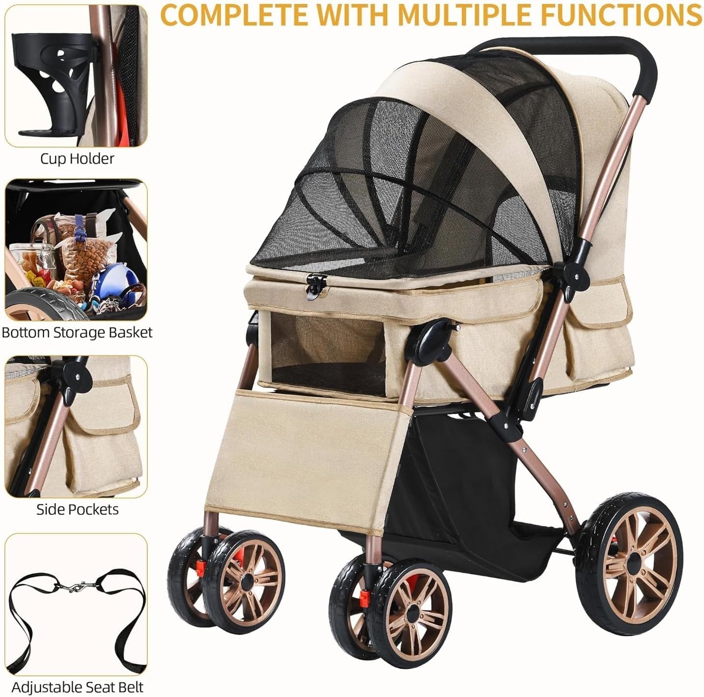 Dog Stroller 22kg Folding Pet Pram Large Wheels Travel Pushchair Storage - Kwikley