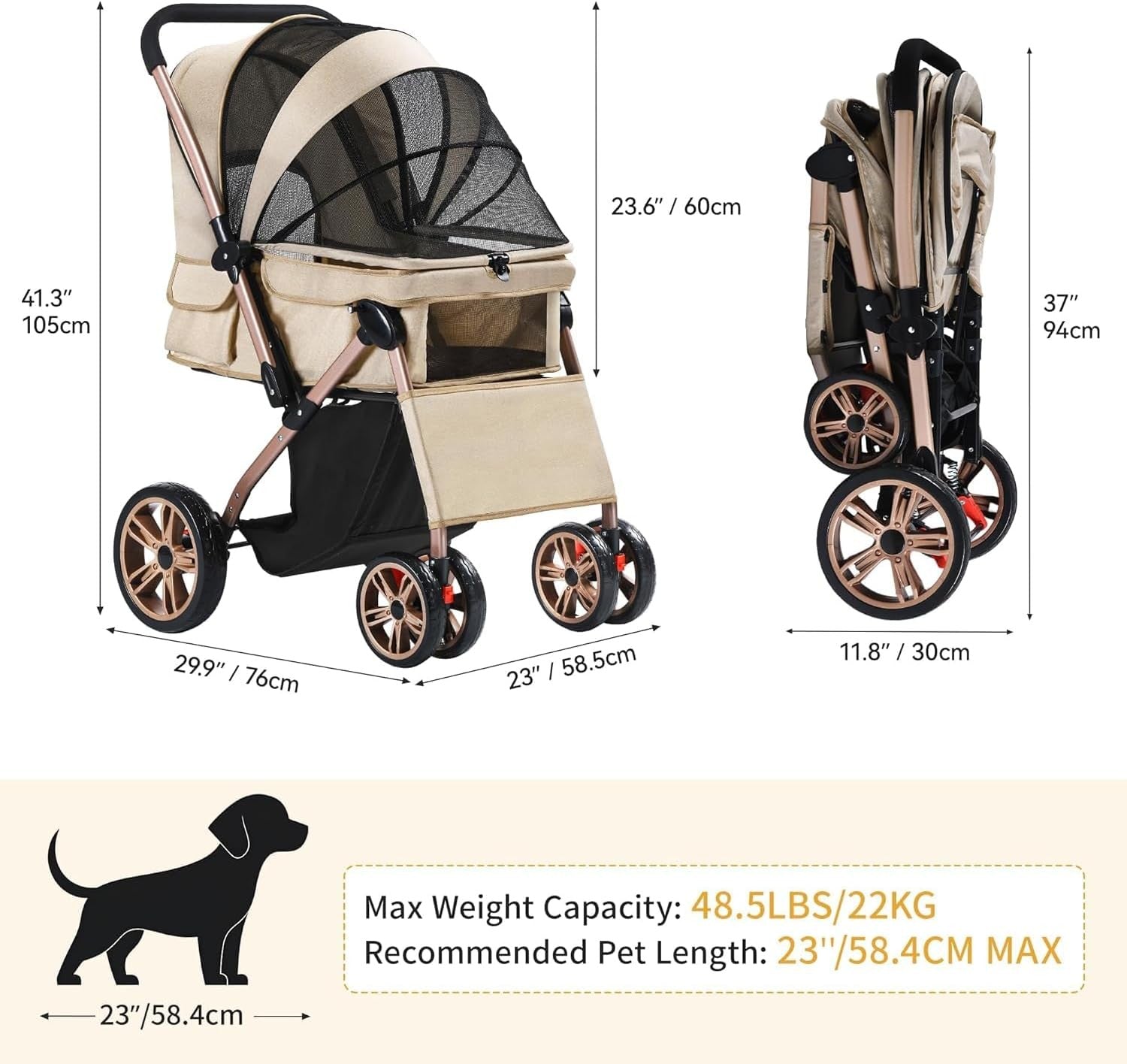 Dog Stroller 22kg Folding Pet Pram Large Wheels Travel Pushchair Storage - Kwikley