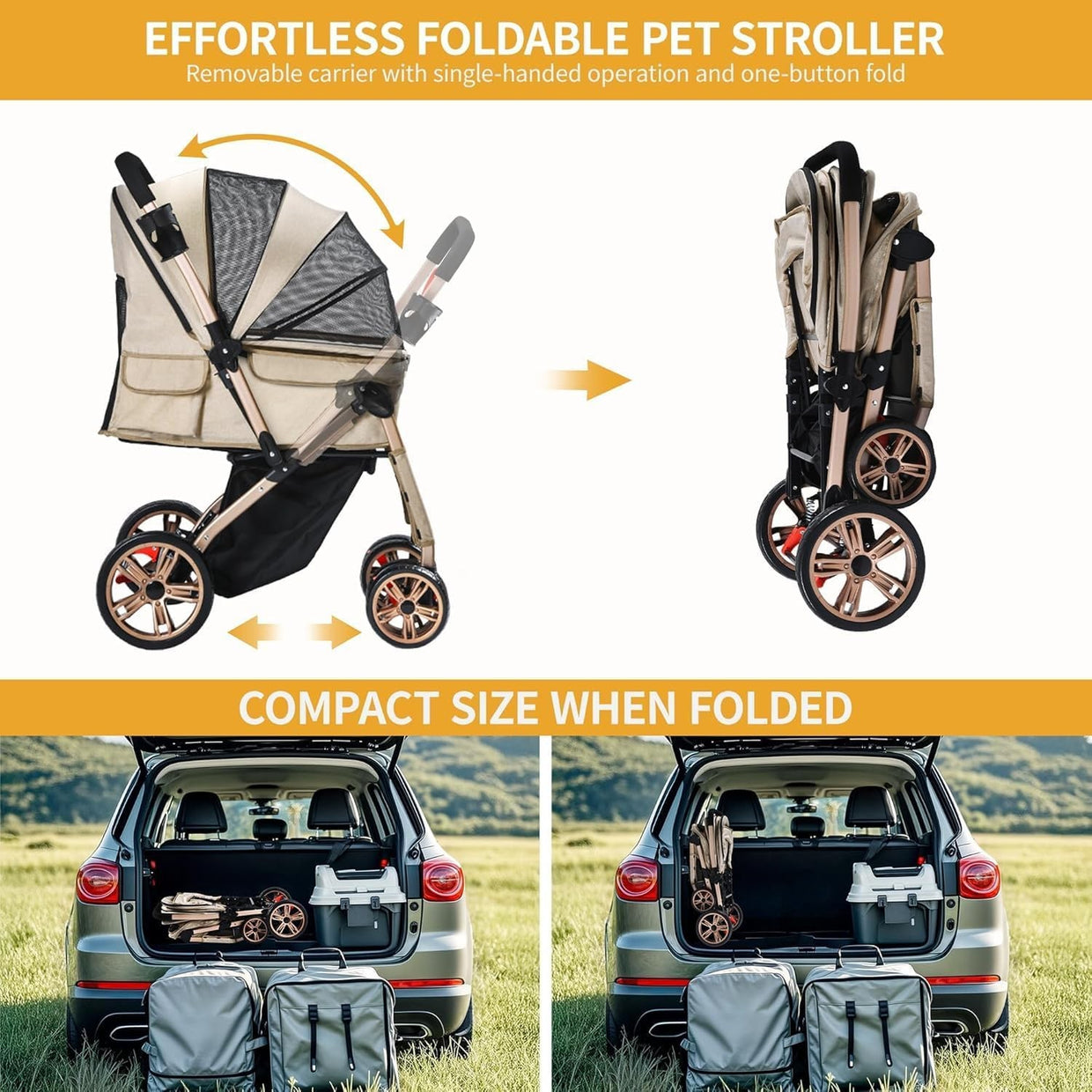 Dog Stroller 22kg Folding Pet Pram Large Wheels Travel Pushchair Storage - Kwikley