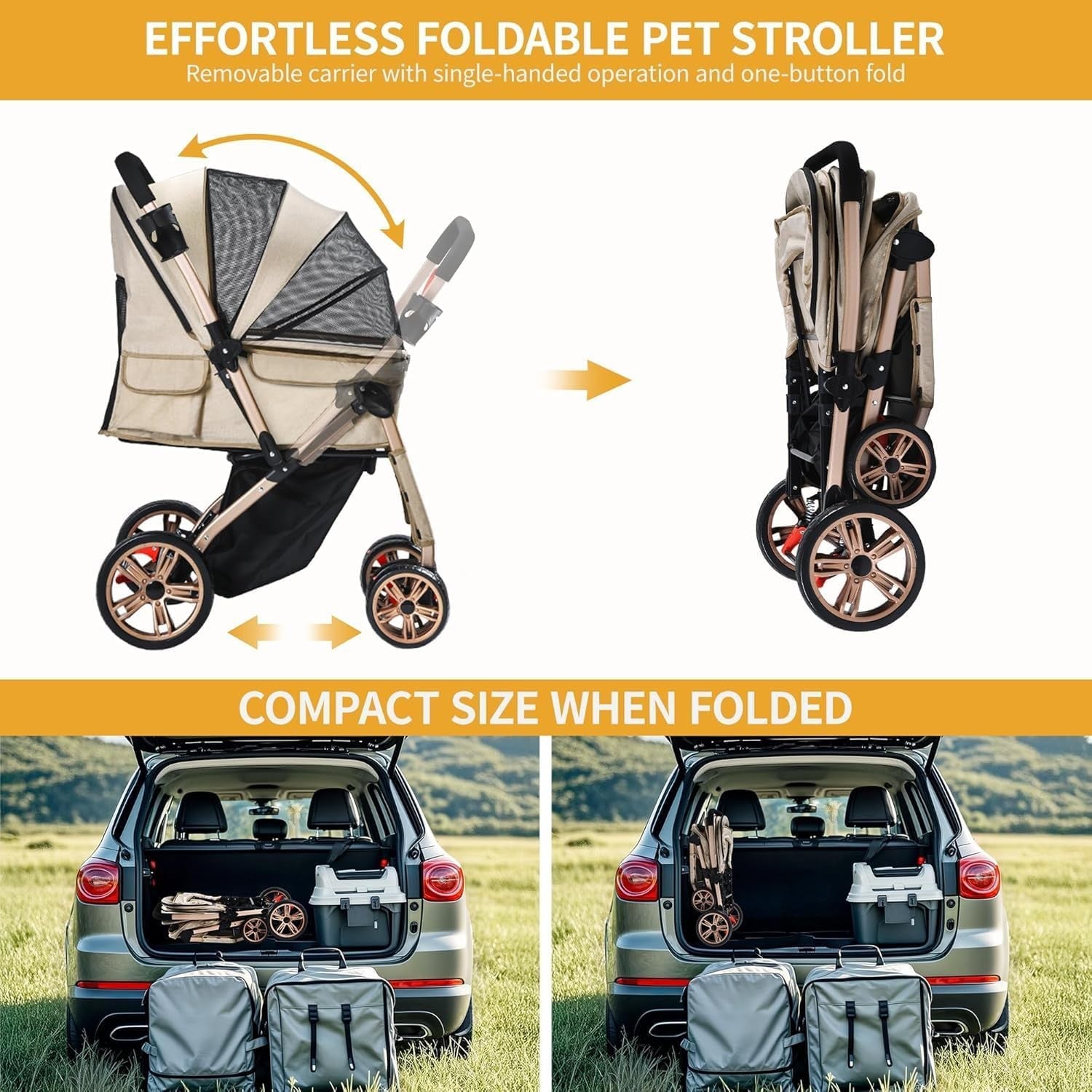 Dog Stroller 22kg Folding Pet Pram Large Wheels Travel Pushchair Storage - Kwikley