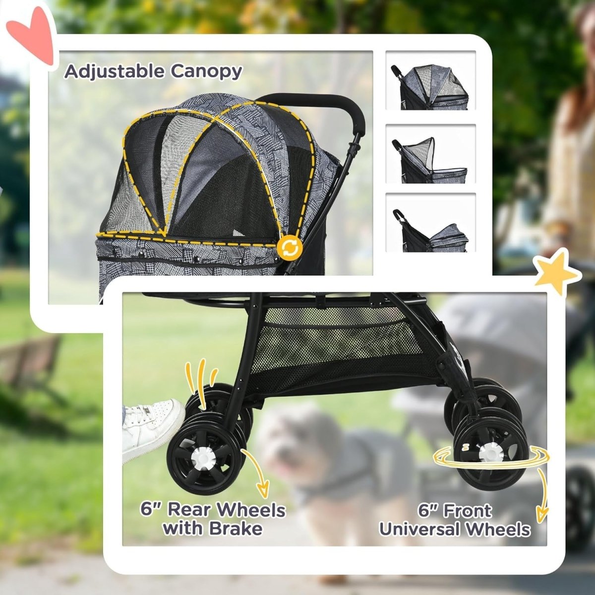 Dog Stroller Pushchair Folding 4 Wheel Pet Pram Brake Small Dogs Grey - Kwikley