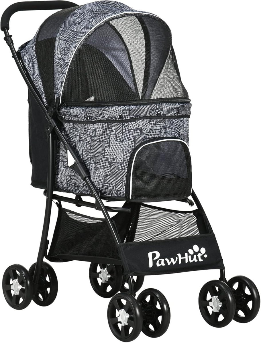Dog Stroller Pushchair Folding 4 Wheel Pet Pram Brake Small Dogs Grey - Kwikley