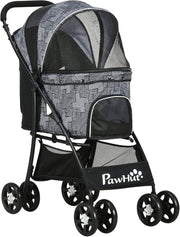 Dog Stroller Pushchair Folding 4 Wheel Pet Pram Brake Small Dogs Grey - Kwikley