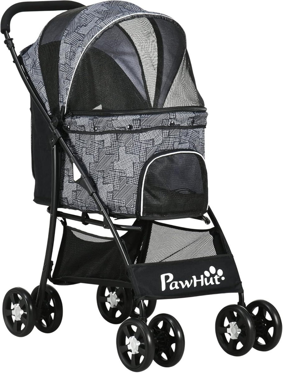 Dog Stroller Pushchair Folding 4 Wheel Pet Pram Brake Small Dogs Grey - Kwikley