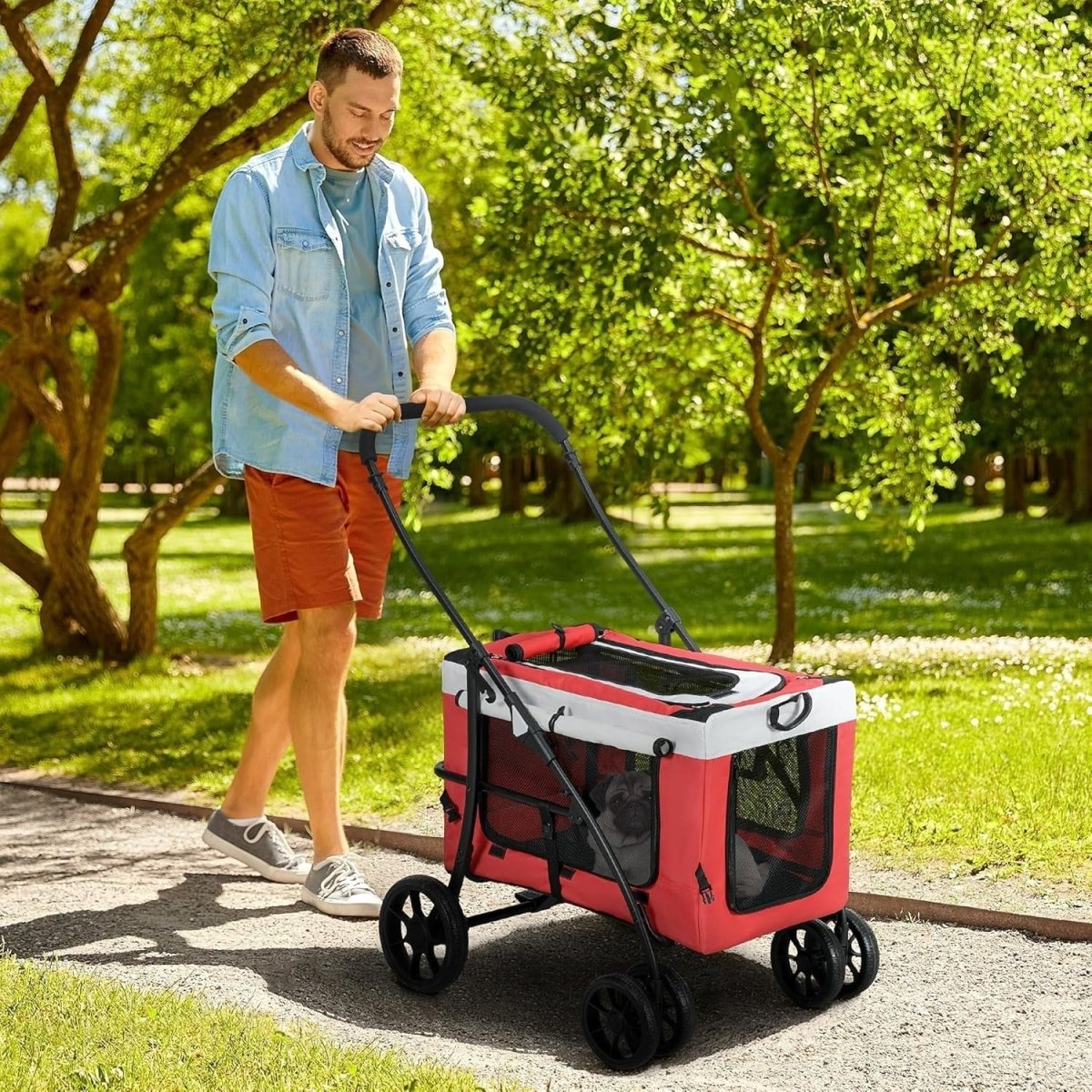 Dog Stroller Red Detachable Carrier Pet Pram Small Dogs Safety Leashes - Kwikley