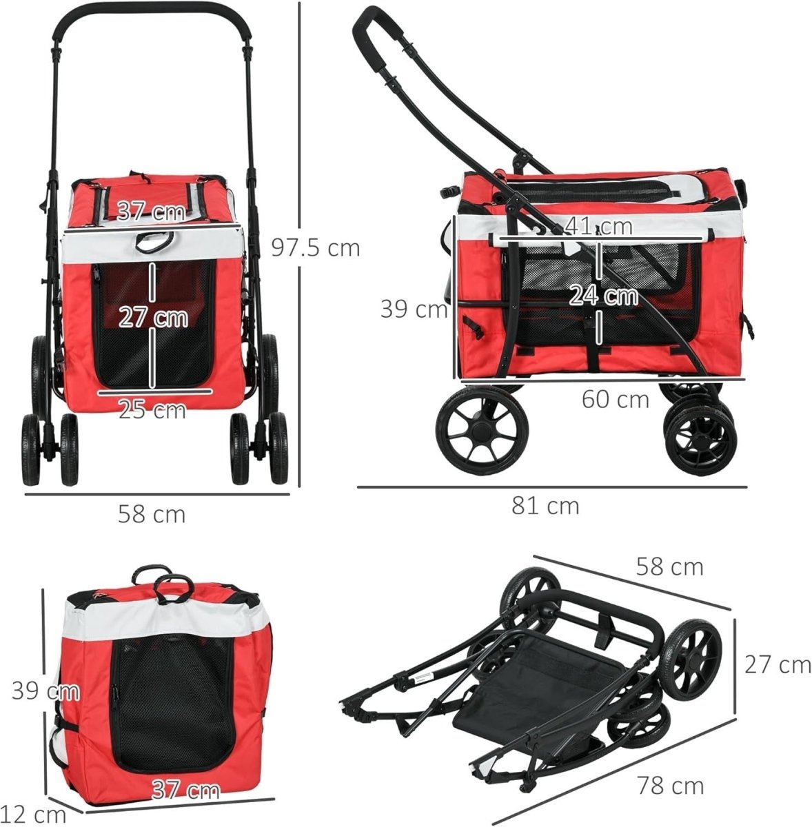 Dog Stroller Red Detachable Carrier Pet Pram Small Dogs Safety Leashes - Kwikley