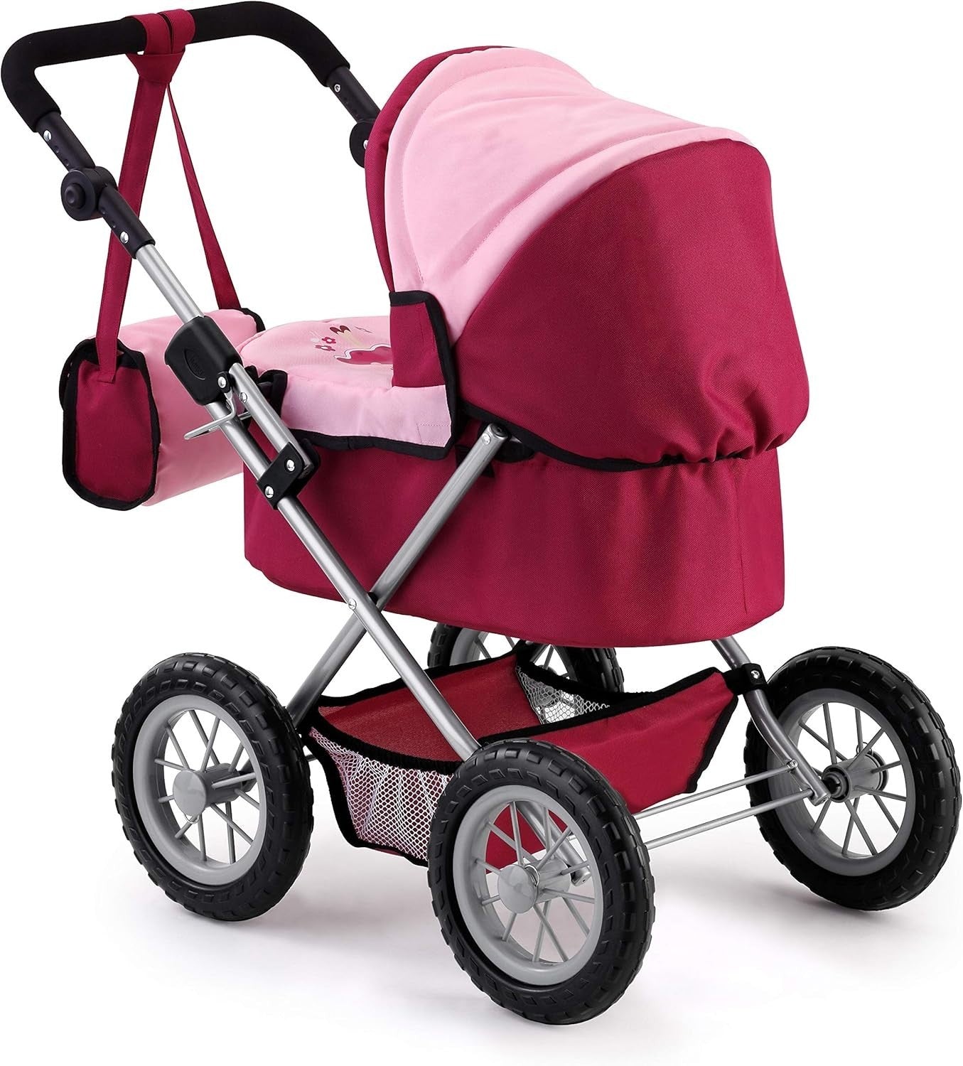 Doll Pram Stroller Foldable Height Adjustable Handle Basket Bag Princess - Kwikley