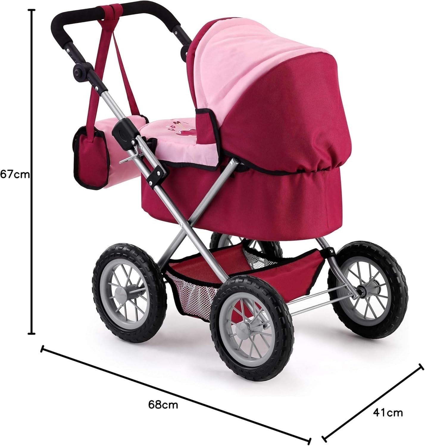 Doll Pram Stroller Foldable Height Adjustable Handle Basket Bag Princess - Kwikley