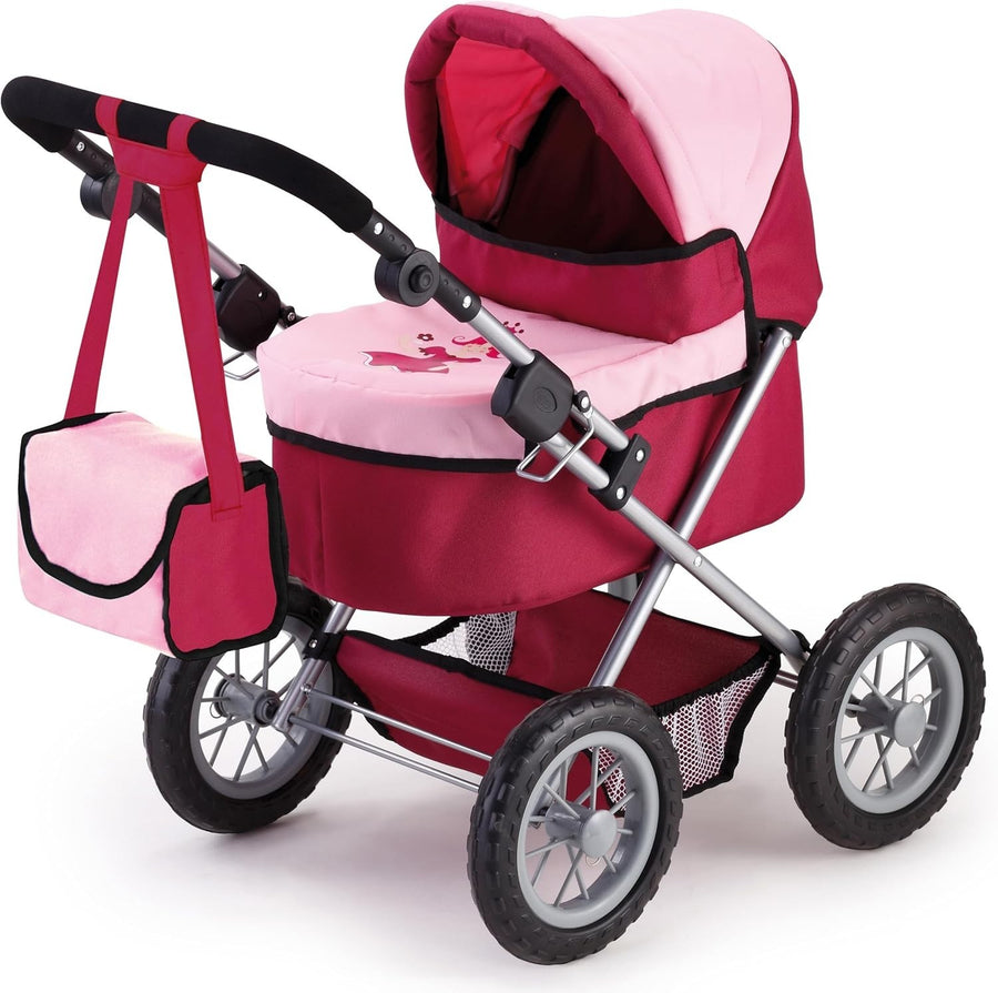 Doll Pram Stroller Foldable Height Adjustable Handle Basket Bag Princess - Kwikley