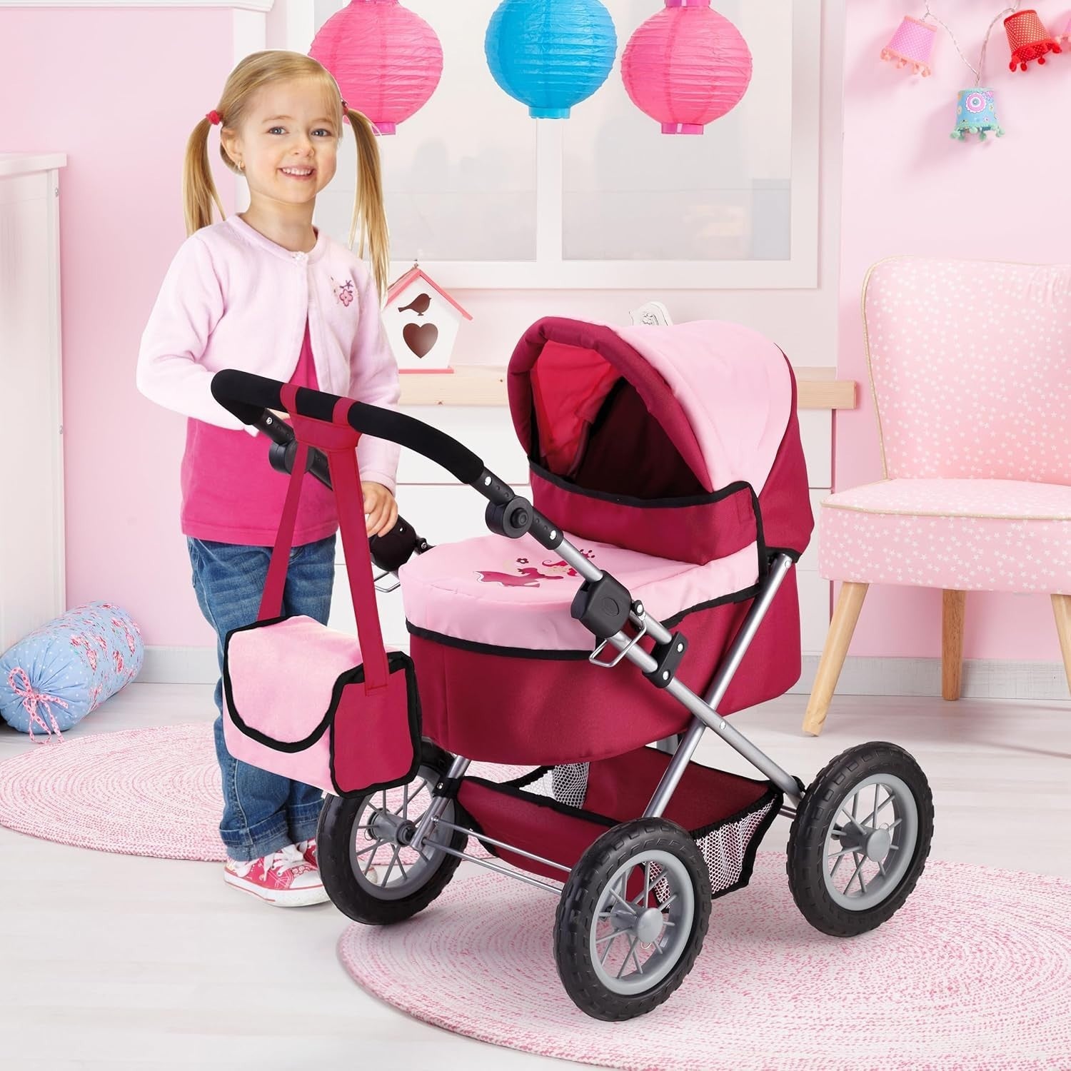 Doll Pram Stroller Foldable Height Adjustable Handle Basket Bag Princess - Kwikley