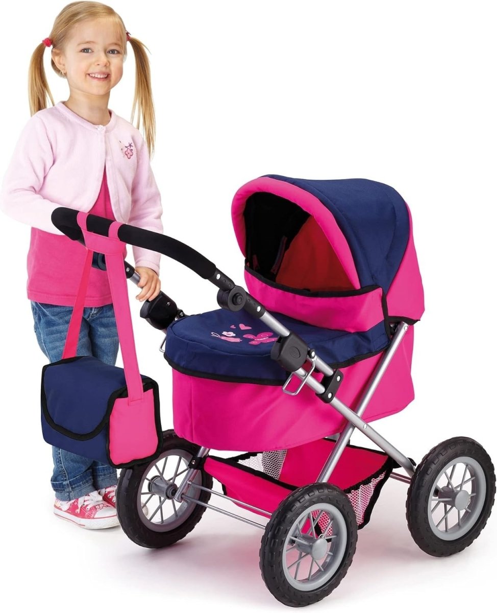 Dolls Pram Toy Pushchair Foldable Adjustable Handle Basket Bag Kids - Kwikley