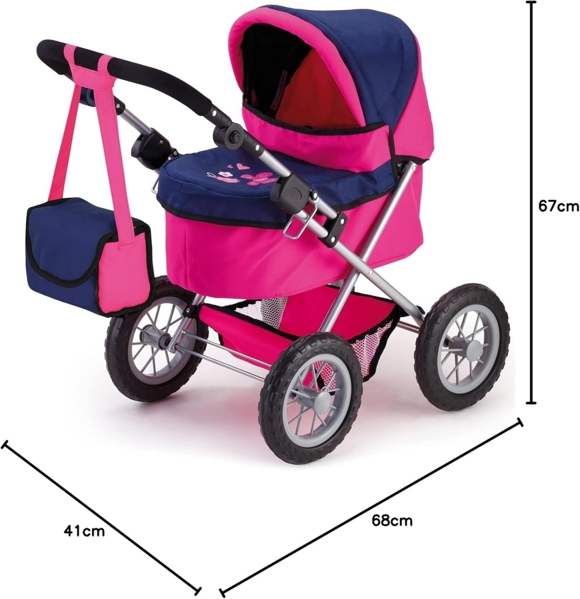 Dolls Pram Toy Pushchair Foldable Adjustable Handle Basket Bag Kids - Kwikley
