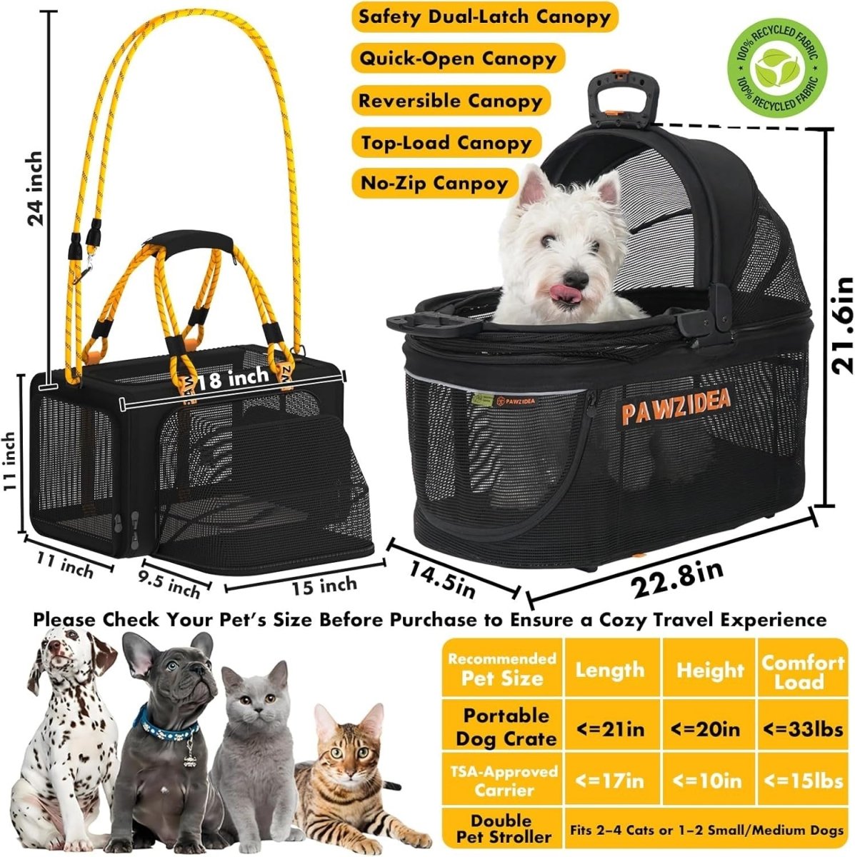 Double Dog Stroller 2 Carrier Foldable Pet Pushchair Travel Crate System - Kwikley