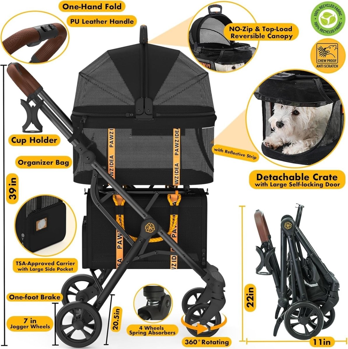 Double Dog Stroller 2 Carrier Foldable Pet Pushchair Travel Crate System - Kwikley