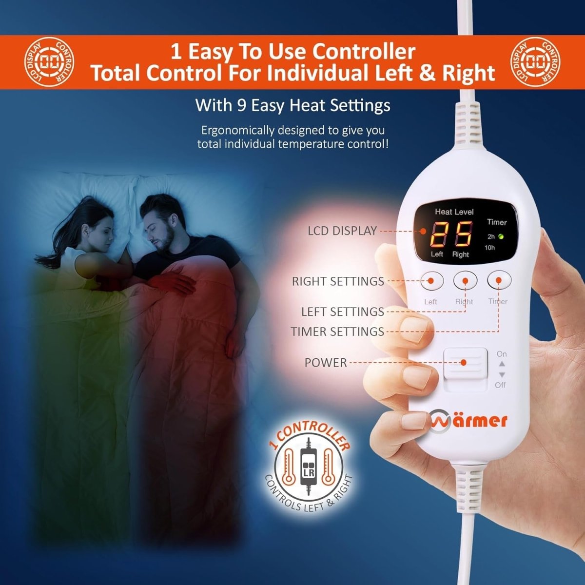 Double Electric Heated Blanket Dual Zone 9 Heat Timer Full Coverage - Kwikley