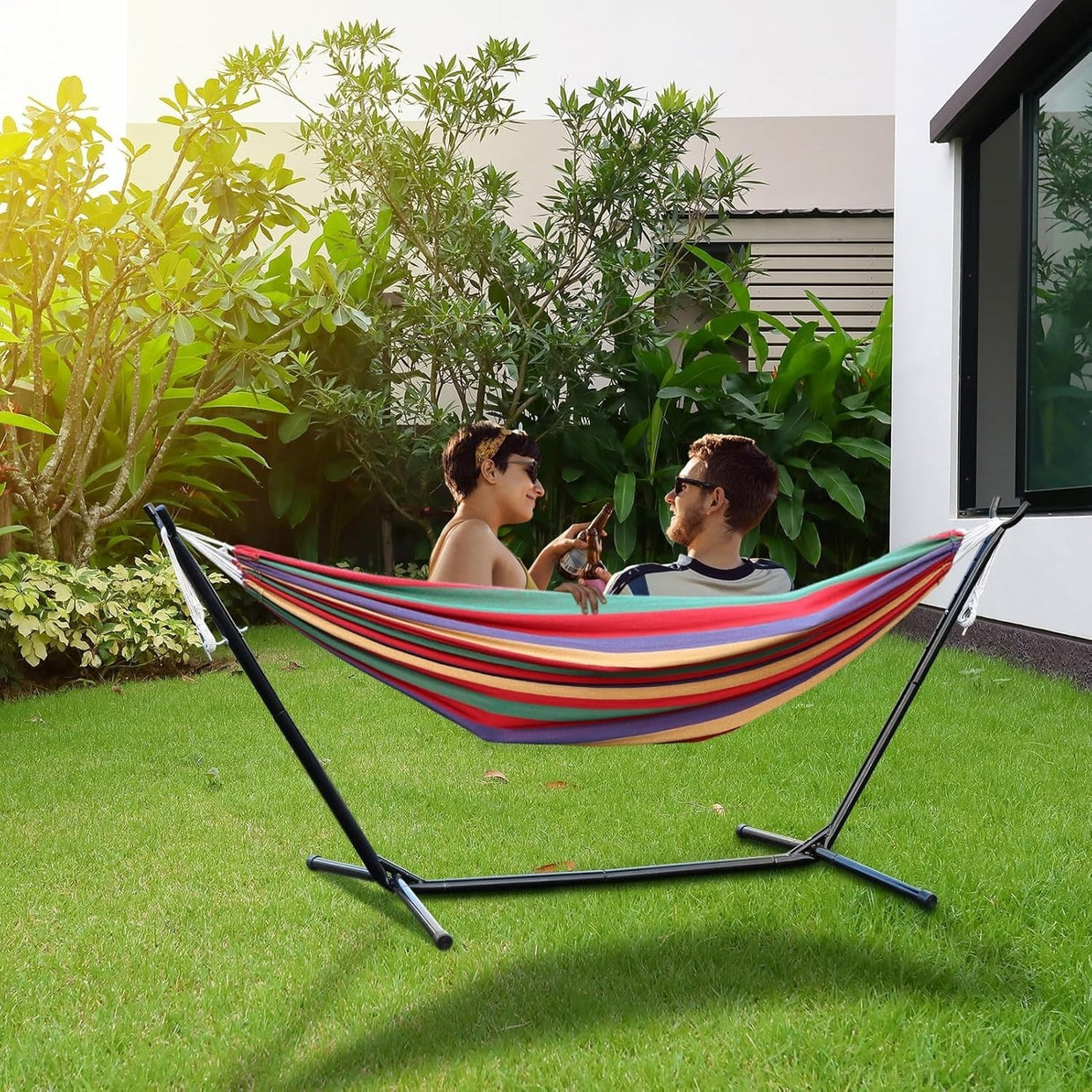 Double Hammock with Stand – Heavy Duty Metal Frame, 2 Person Indoor Outdoor Bed - Kwikley