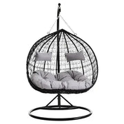 Double Hanging Egg Chair Black Rattan Swing Seat with Grey Cushions Outdoor - Kwikley