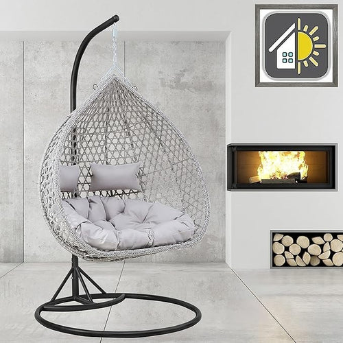 Double Hanging Egg Chair Outdoor Indoor Swing Hammock w/ Cushions & Cover - Kwikley
