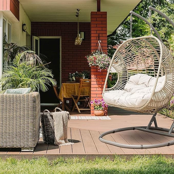 Double Hanging Egg Chair Rattan Swing – Cushions, 200kg Max, Outdoor Use - Kwikley