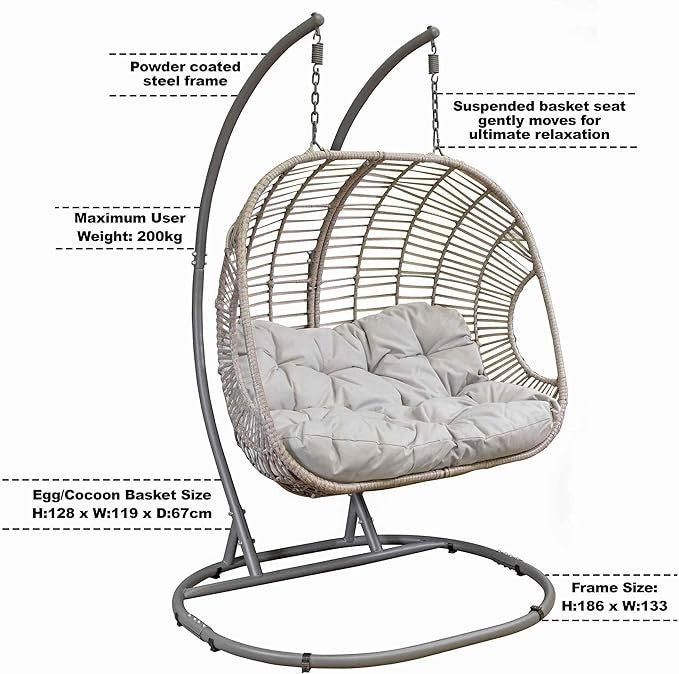 Double Hanging Egg Chair Rattan Swing – Cushions, 200kg Max, Outdoor Use - Kwikley