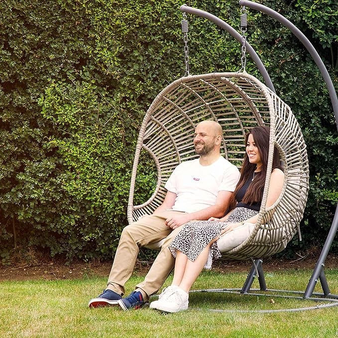Double Hanging Egg Chair Rattan Swing – Cushions, 200kg Max, Outdoor Use - Kwikley