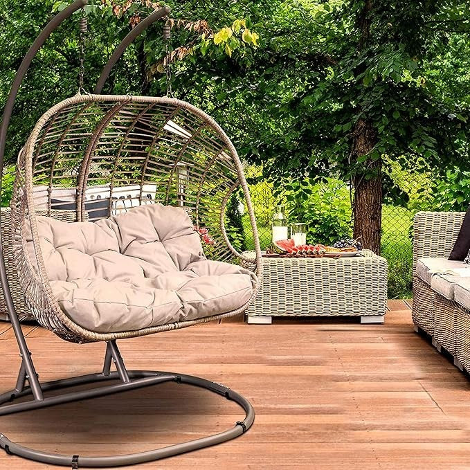 Double Hanging Egg Chair Rattan Swing – Cushions, 200kg Max, Outdoor Use - Kwikley