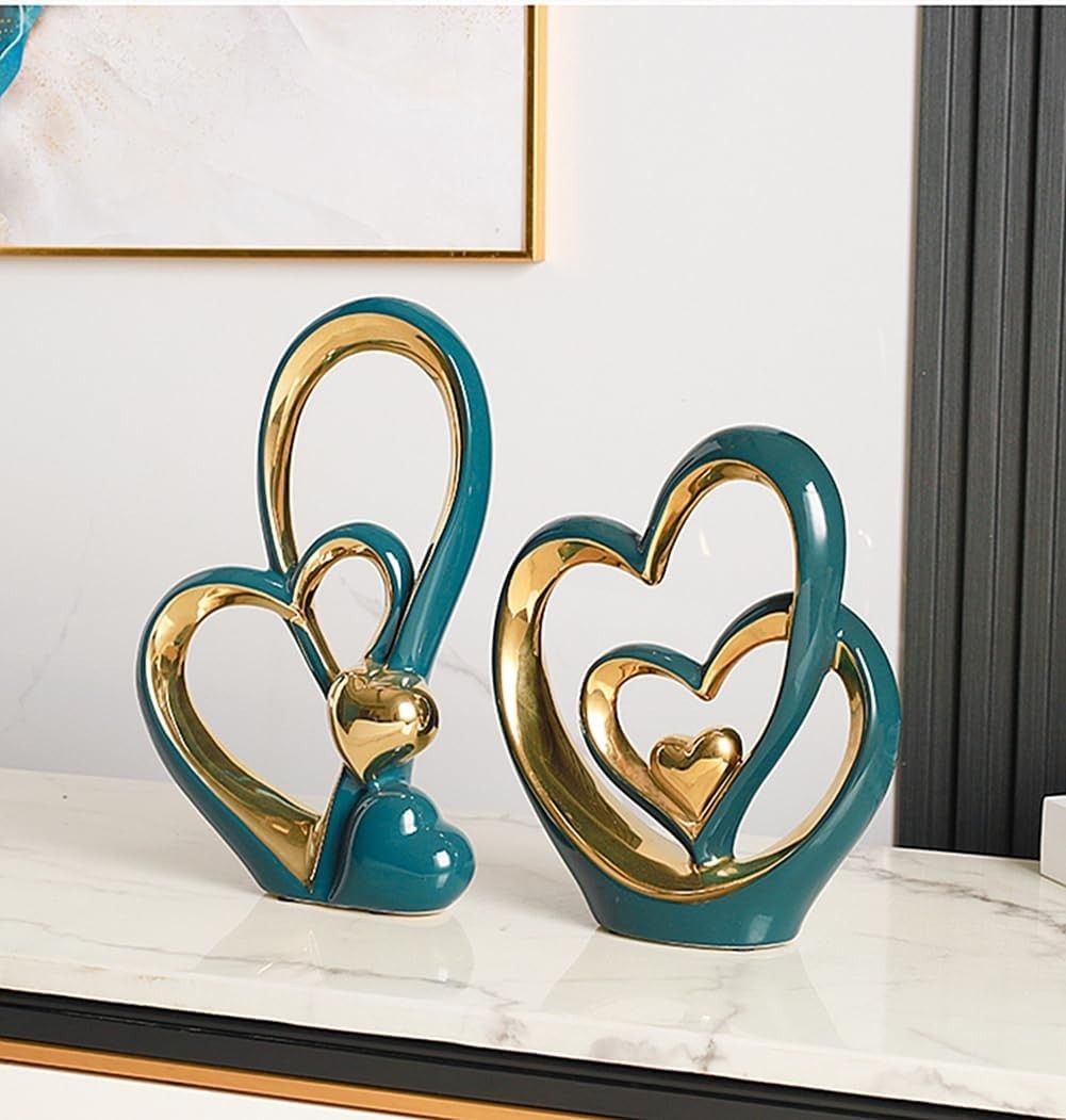 Double Heart Ceramic Ornament Sculpture Modern Gold Decor Gift Home Display - Kwikley