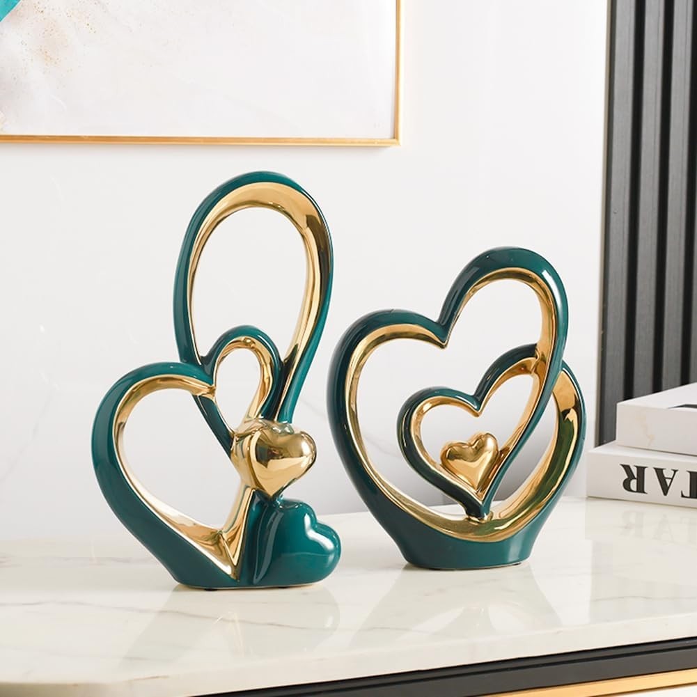 Double Heart Ceramic Ornament Sculpture Modern Gold Decor Gift Home Display - Kwikley