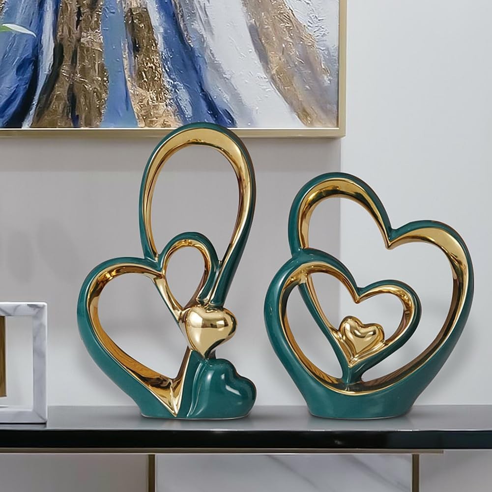 Double Heart Ceramic Ornament Sculpture Modern Gold Decor Gift Home Display - Kwikley
