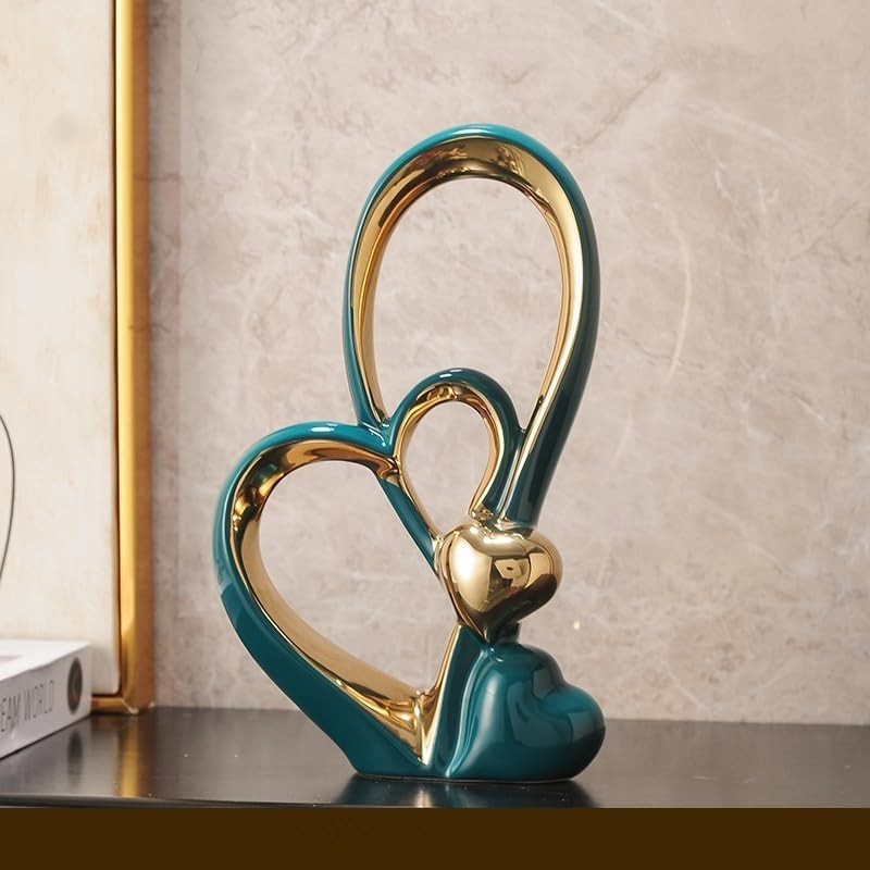 Double Heart Ceramic Ornament Sculpture Modern Gold Decor Gift Home Display - Kwikley
