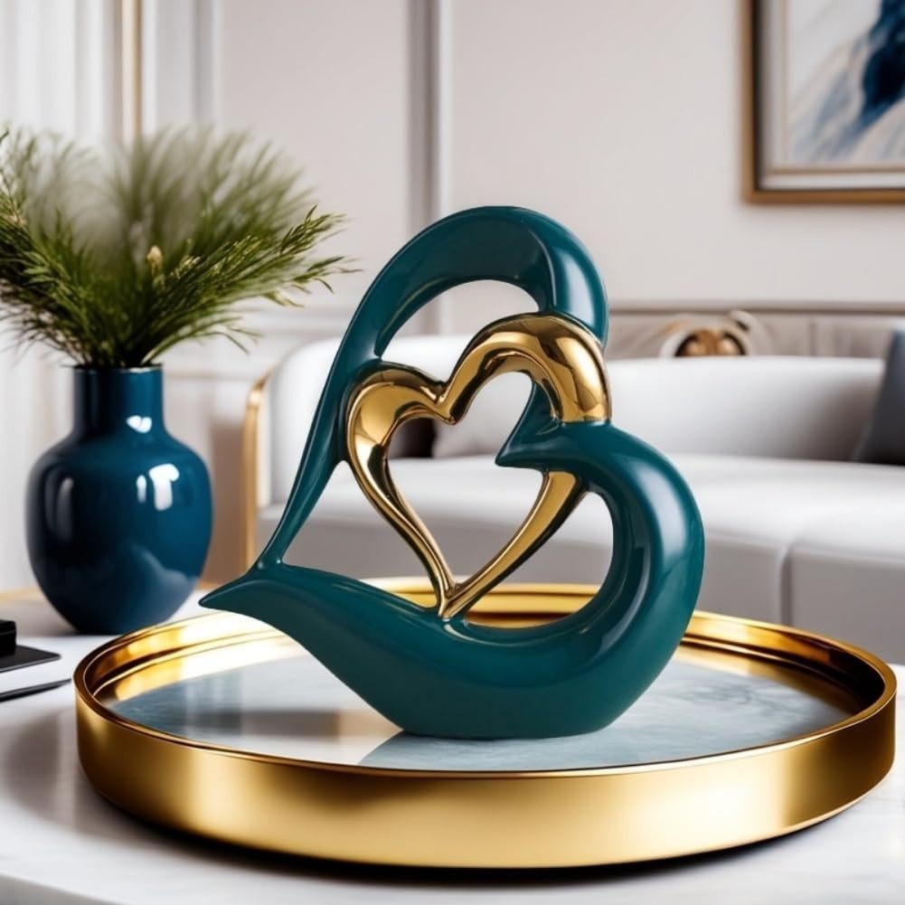 Double Heart Ceramic Sculpture Green Gold Ornament Modern Romantic Home Decor - Kwikley