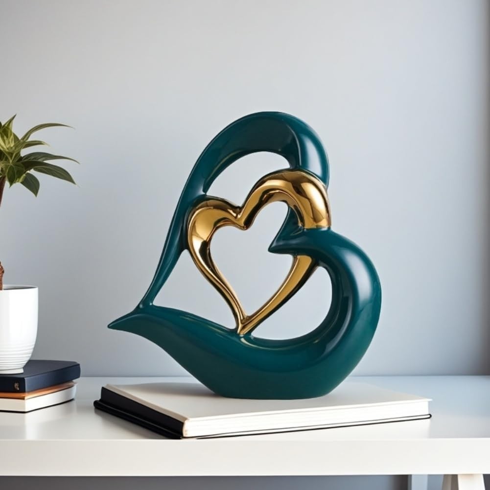 Double Heart Ceramic Sculpture Green Gold Ornament Modern Romantic Home Decor - Kwikley